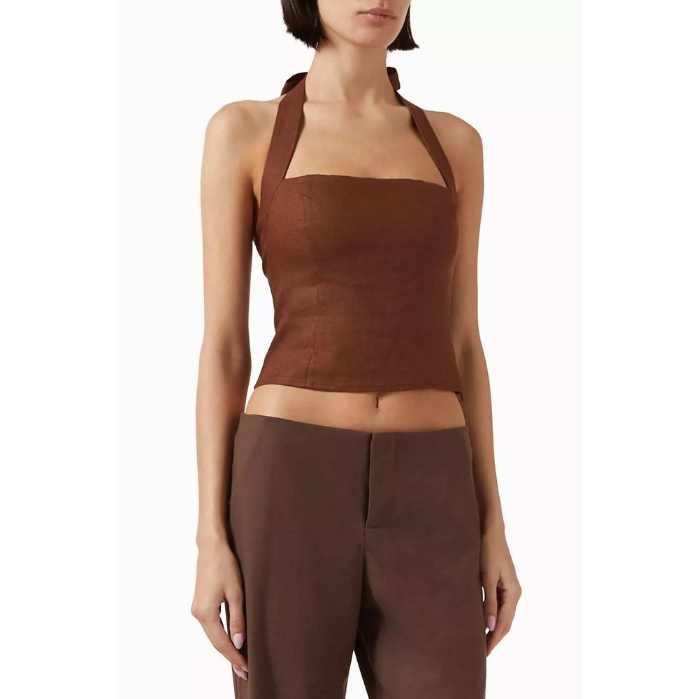 KOURT Linen Halter Top Smocked Back Chocolate Brown Size 2